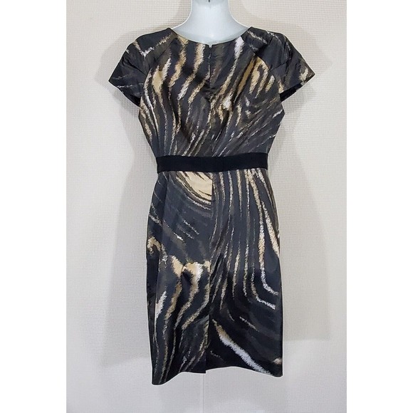 Tahari Dress 8 Black Gold Animal Print Sheath Cocktail Party Cap Sleeve Zip - Picture 5 of 14
